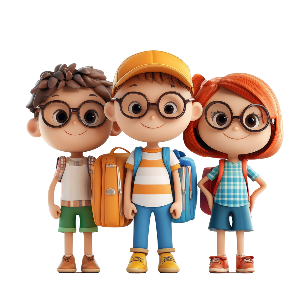 Cute cartoon student group posing together on a light background, 3D Cartoon Character Group Cute Student, Isolated on transparent background png