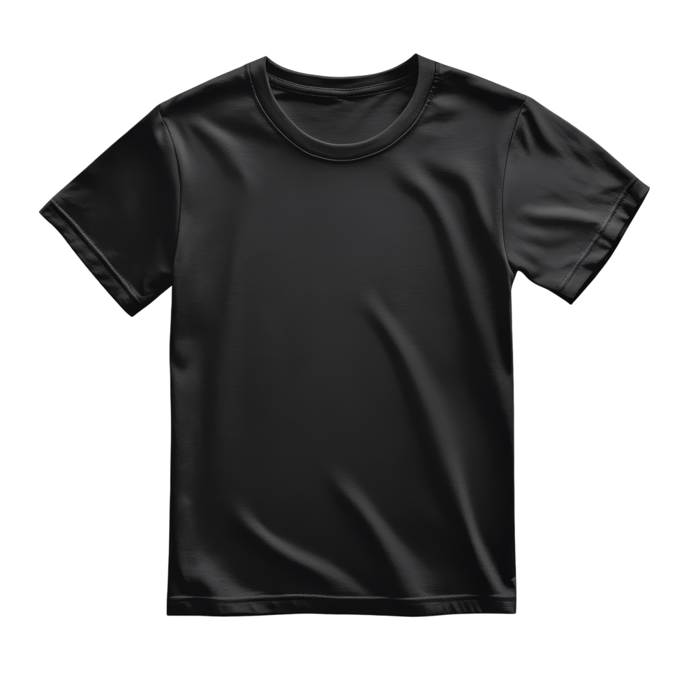 Black tshirt displayed on a transparent background highlighting its design and fabric texture clearly, Blank black tshirts transparent background. Black tshirt transparent background png