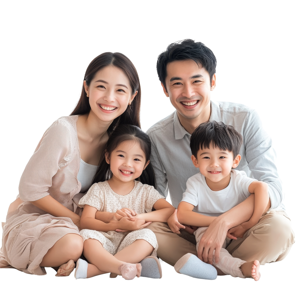 Joyful Asian family smiling together on a transparent background in a cozy indoor setting, Happy Asian family isolated on transparent background, Happy family enjoying together png