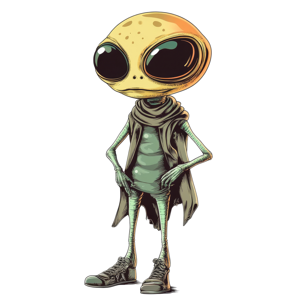 A quirky alien illustration standing on a transparent background, showcasing its unique style and playful demeanor under bright lighting, Cool Alien illustration on transparent background png