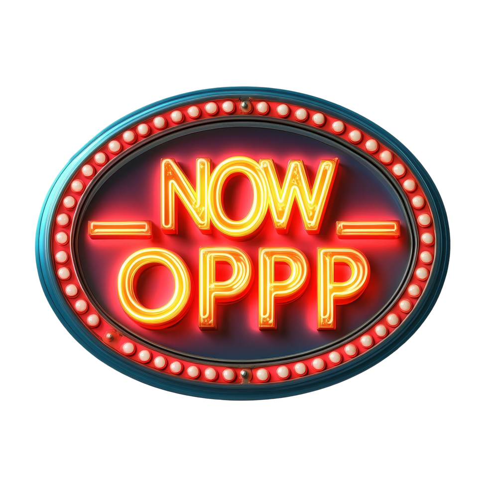 Brightly illuminated Now Open LED sign with vibrant colors showcasing business availability in a modern setting, Now Open led sign isolated Stock Illustration png