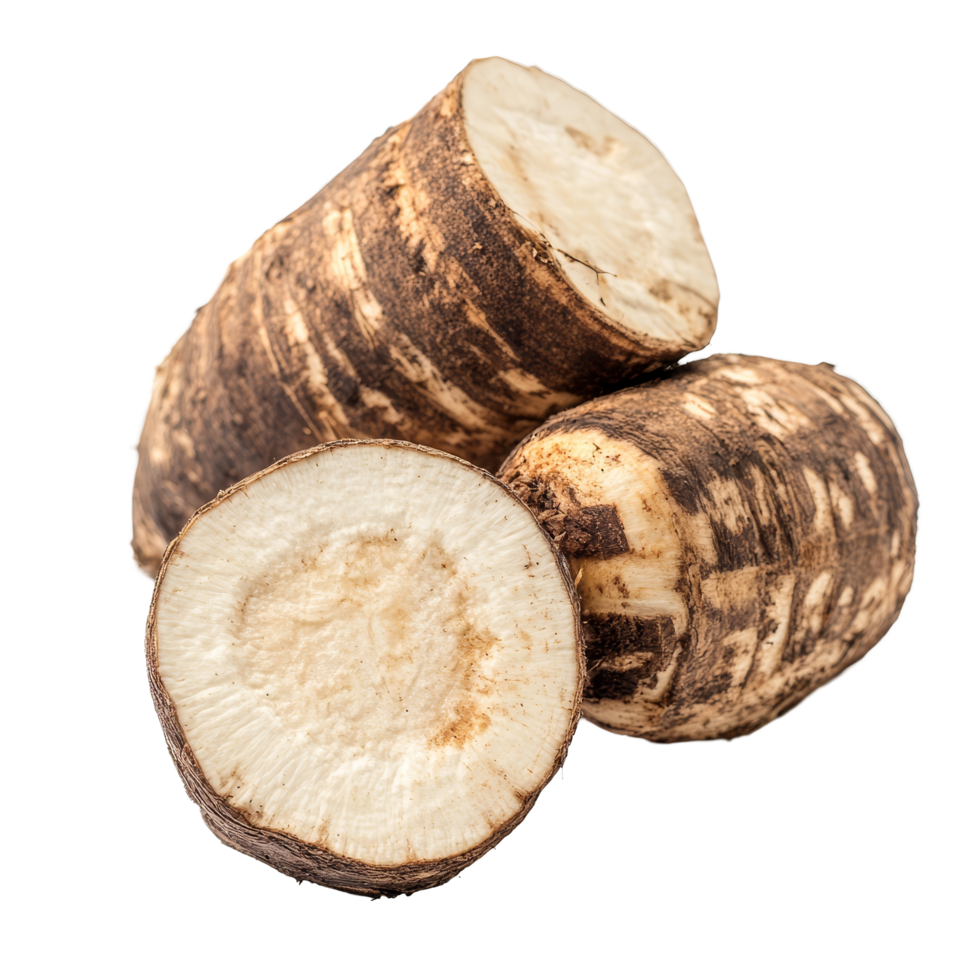 Taro root with slices showing texture on a clean transparent background for culinary use and nutrition information, Taro root isolated on transparent background png