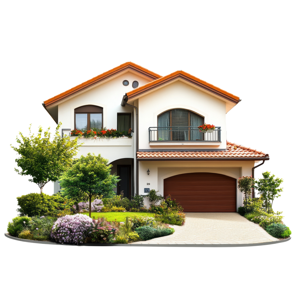 Modern twostory house with garden and driveway in a suburban neighborhood during bright daylight, file no background Real estate promotional banner with copy space png
