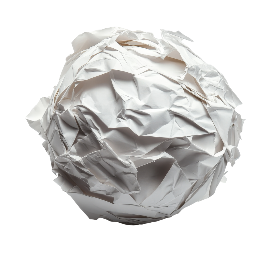 Crumpled paper ball cutout on a clean transparent background showcasing texture and simplicity in design elements, Crumpled paper ball on transparent backgroundfile png