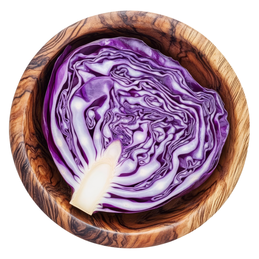Freshly sliced purple cabbage in a wooden bowl on a transparent background, slice purple cabbage in wood bowl isolated on transparent background png