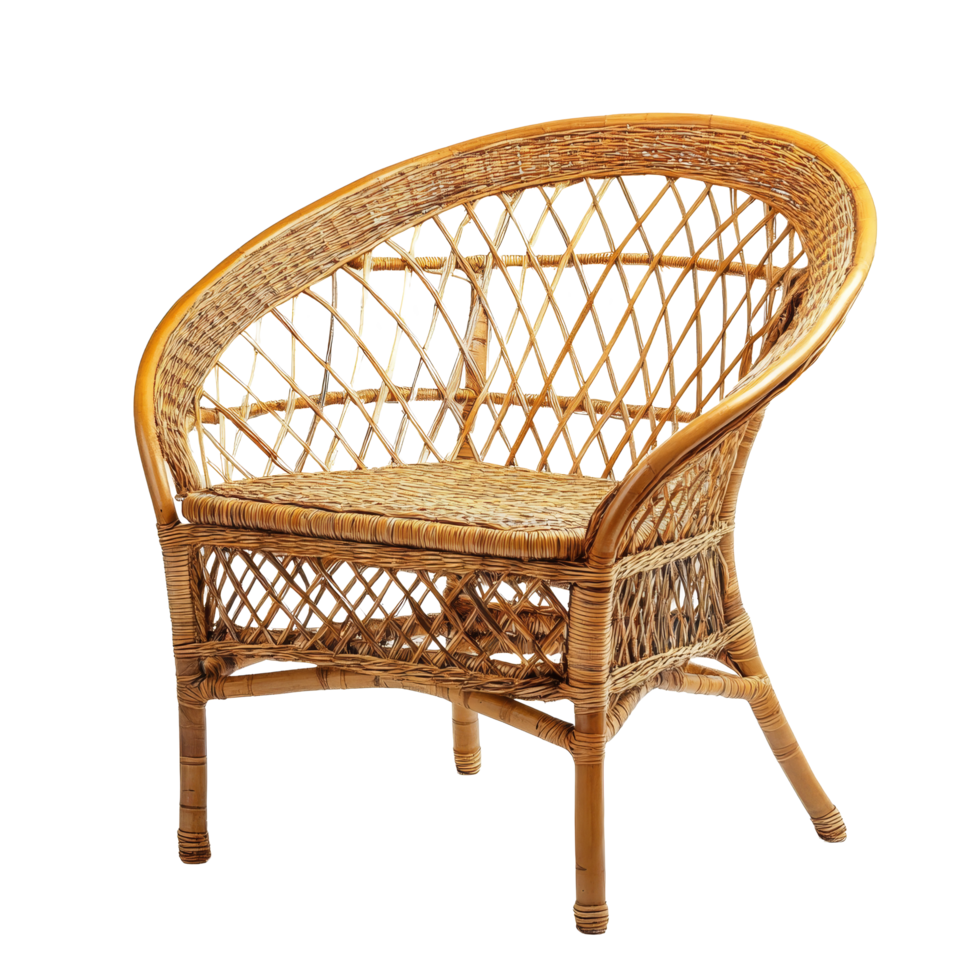 Stylish rattan chair showcasing intricate weaving design on a clean transparent background, Rattan chair isolated on transparent background png