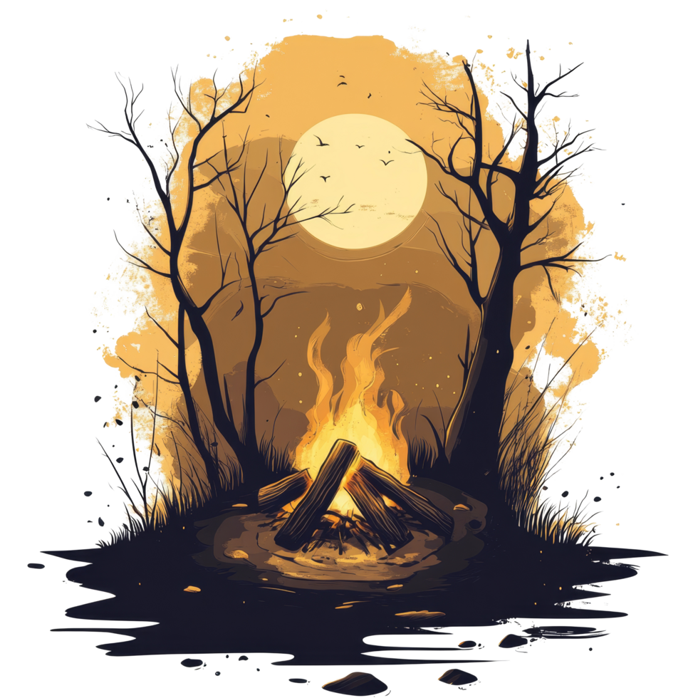 Campfire silhouette against a sky with trees illuminated by the moonlight at a serene location, campfire silhouette isolated png