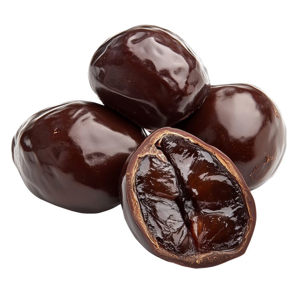 This display features chocolatecoated jujubes, highlighting their smooth, shiny surface and the rich filling revealed by the split fruit, chocolate jujube on transparent background png