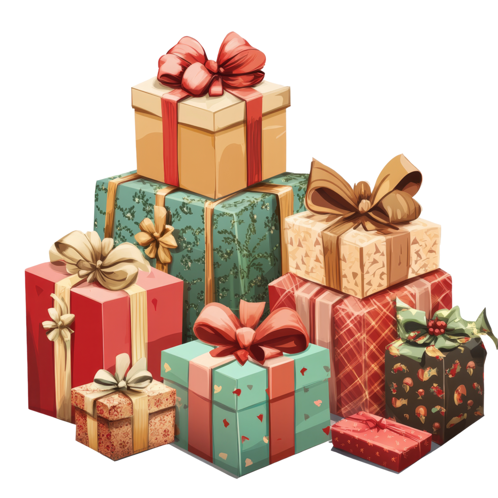 A colorful collection of multiple gifts wrapped in decorative papers and ribbons against a transparent background, Multiple gifts transparent background, png