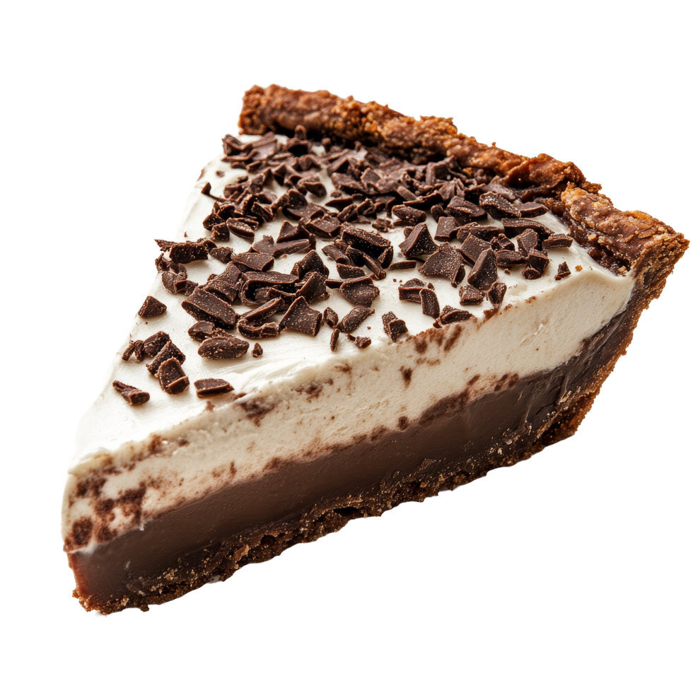 Delicious slice of Mississippi mud pie topped with chocolate shavings on a transparent background, mississippi mud pie slice isolated on transparent background png