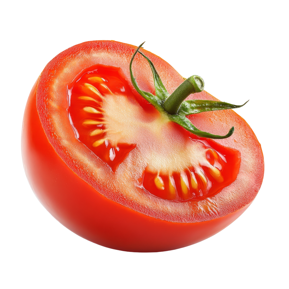 Freshly sliced tomato on a clean transparent background highlighting its vibrant color and juicy texture, Slice of tomato isolated on transparent background png