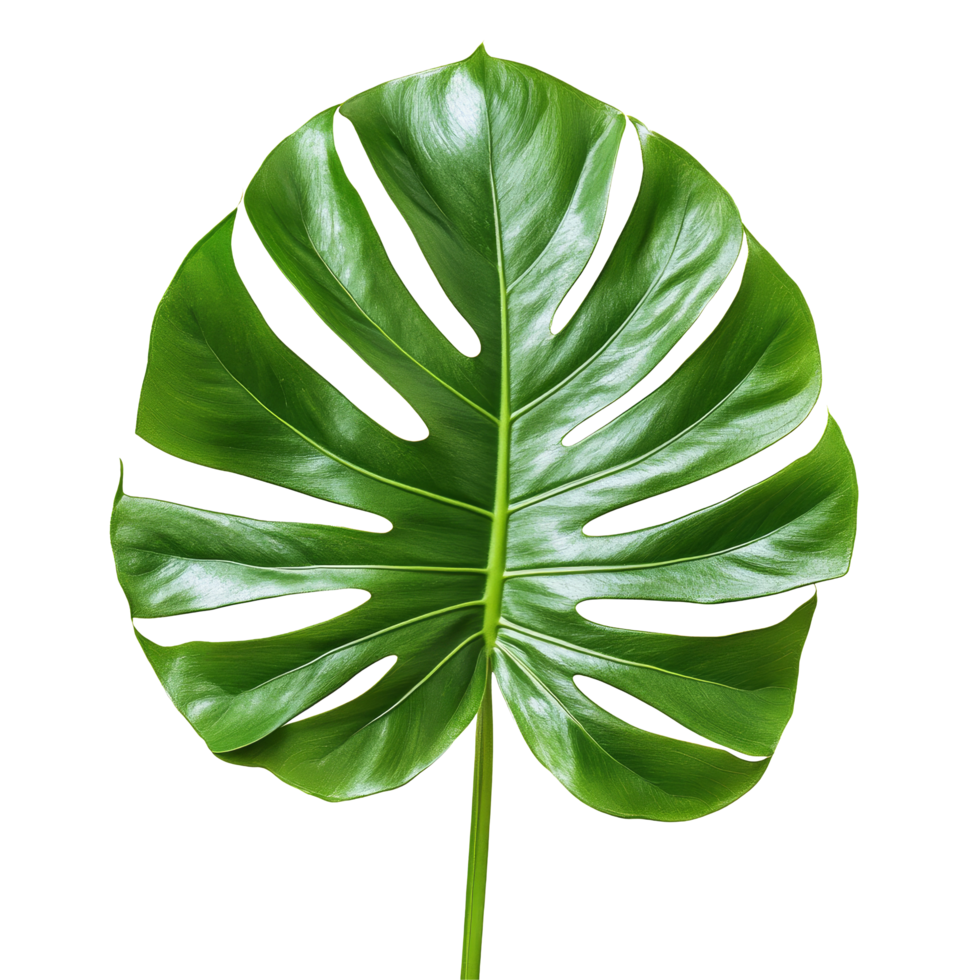 Isolated green tropical leaf showcasing large, perforated structure against a clean transparent background, green tropical leaf isolated on transparent background png