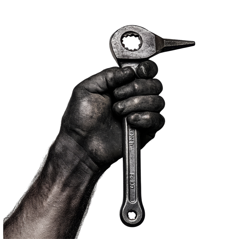 A black hand grips a heavyduty wrench against a clean transparent backdrop during daytime work, Black Hand Holding Wrench on transparent background png