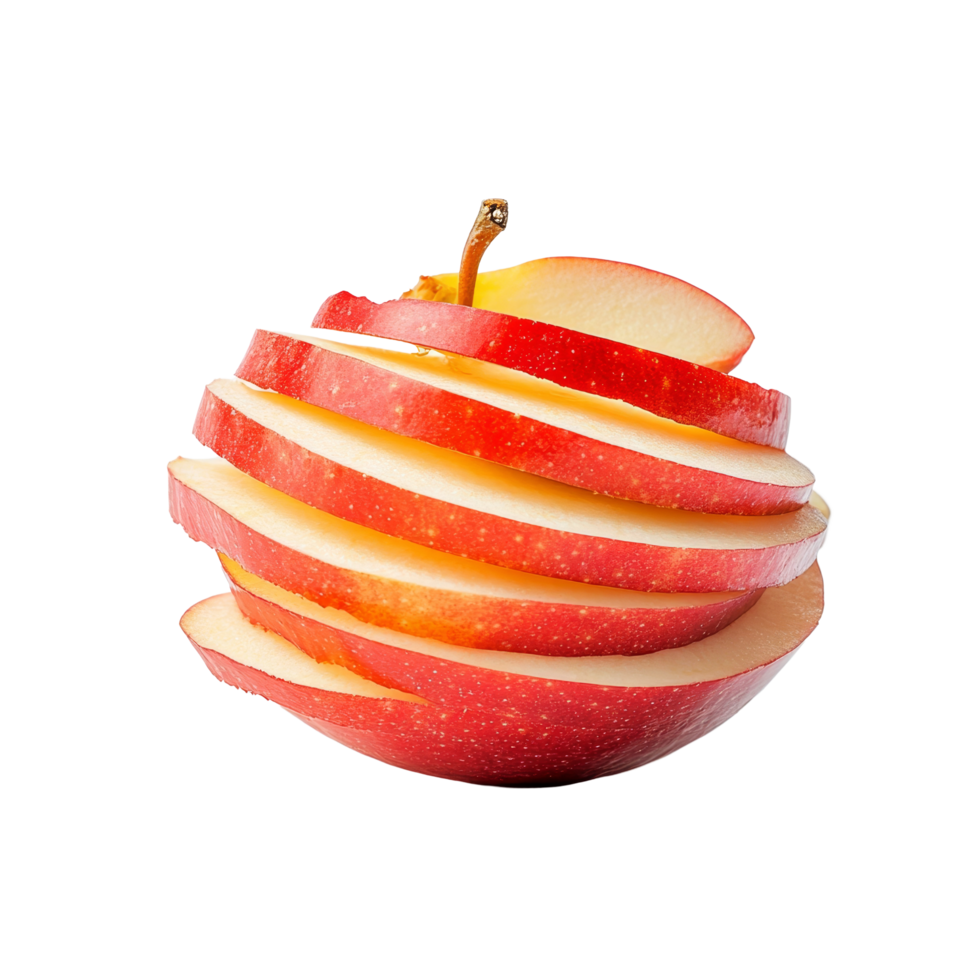 A crisp red apple is meticulously sliced in a spiral shape, revealing its pale interior and vibrant skin, sliced apple isolated on transparent background png