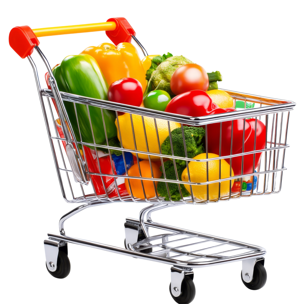 Full shopping cart with colorful fresh vegetables and fruits ready for checkout at a grocery store, file no background Full shopping cart png
