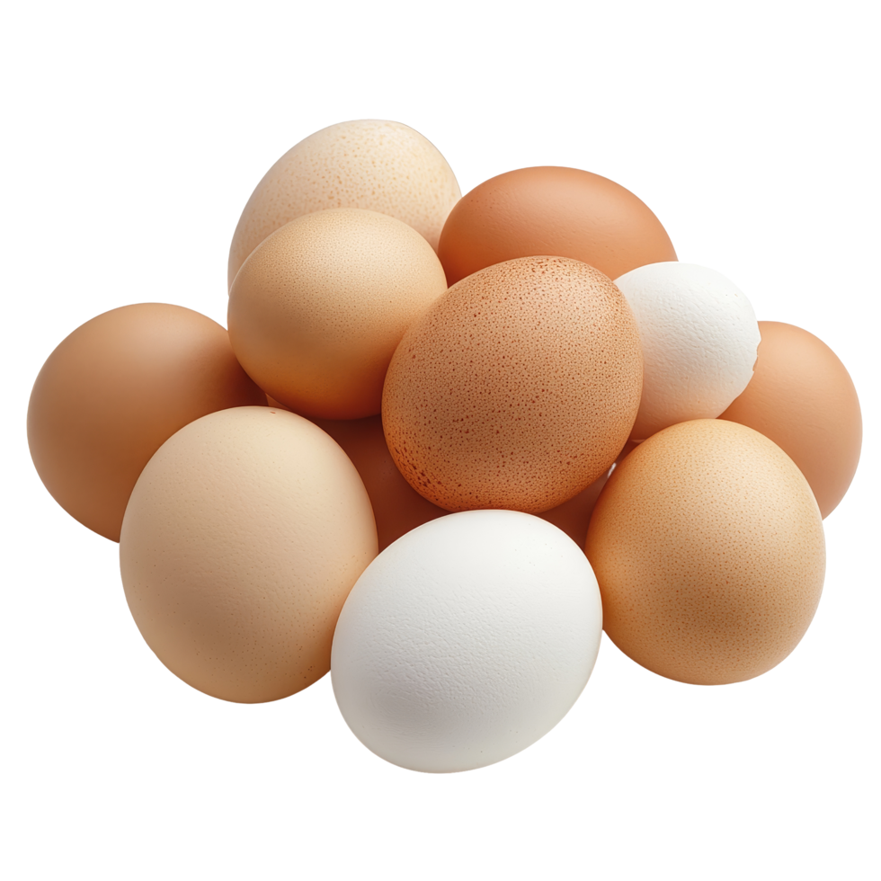Fresh eggs of varied colors and sizes neatly arranged on a clean transparent background, eggs on transparent background png