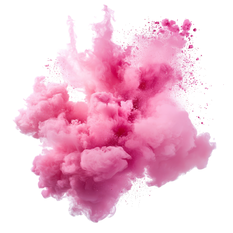 A vibrant pink smoke explosion creates a stunning visual display against a transparent background, Colorful pink smoke paint explosion, color fume powder splash on transparent background png
