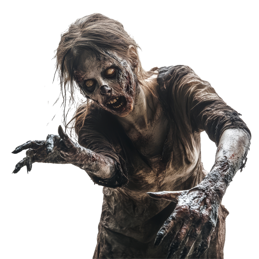 A terrifying female zombie reaching out from a stark transparent background, embodying horror and dread, Horror Female Zombie Reaching Out on transparent background png