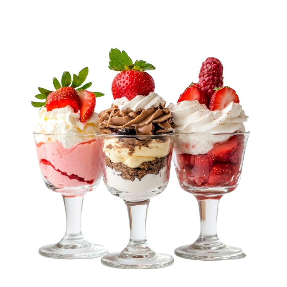 Delicious strawberry desserts in glass cups on a transparent background perfect for any sweet occasion, Strawberry Desserts in Glass Cups on transparent background png