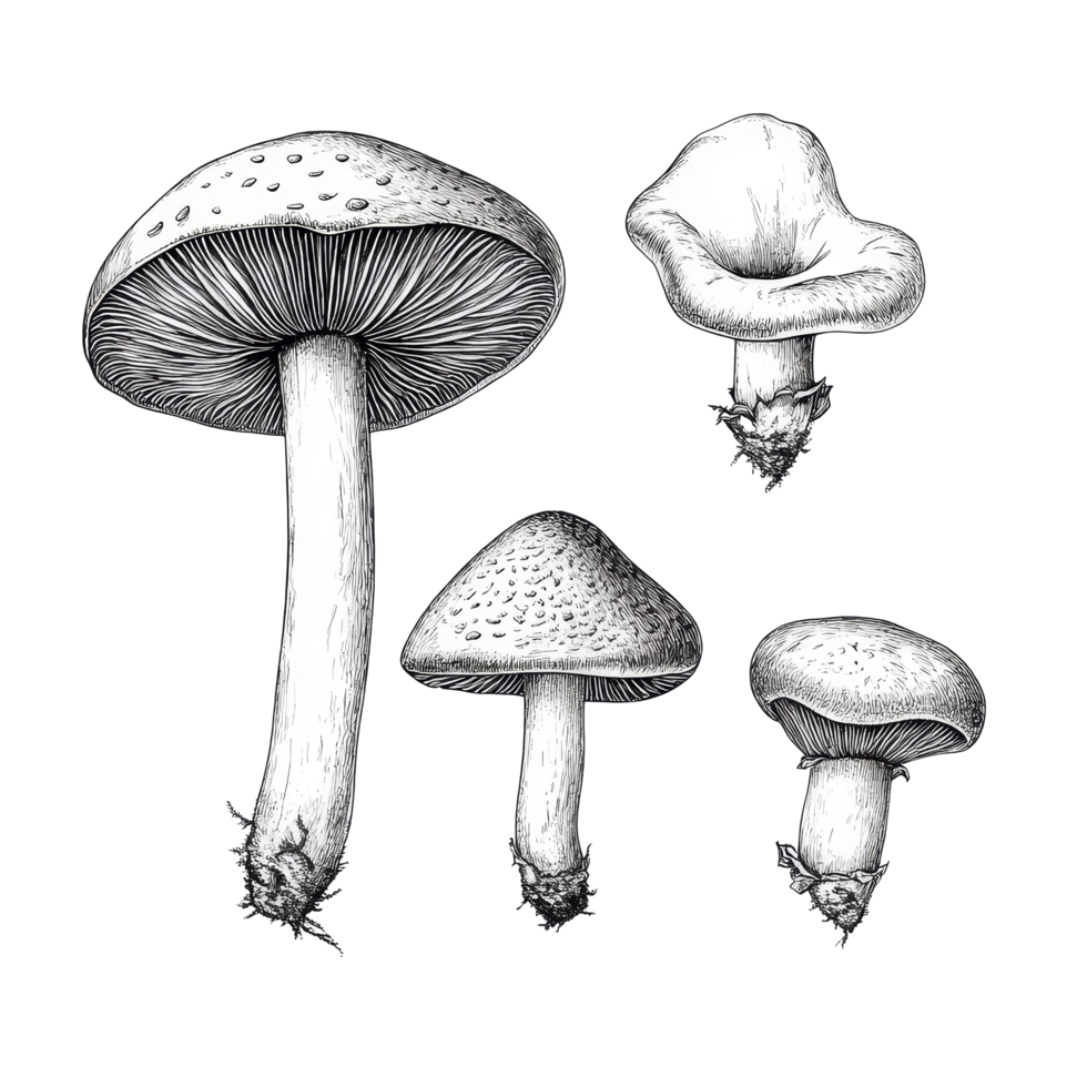 Vintage mushroom sketches showcasing various species on a clean transparent background highlighting their details, Vintage mushroom sketches on transparent background. mushroom isolated on transparent png