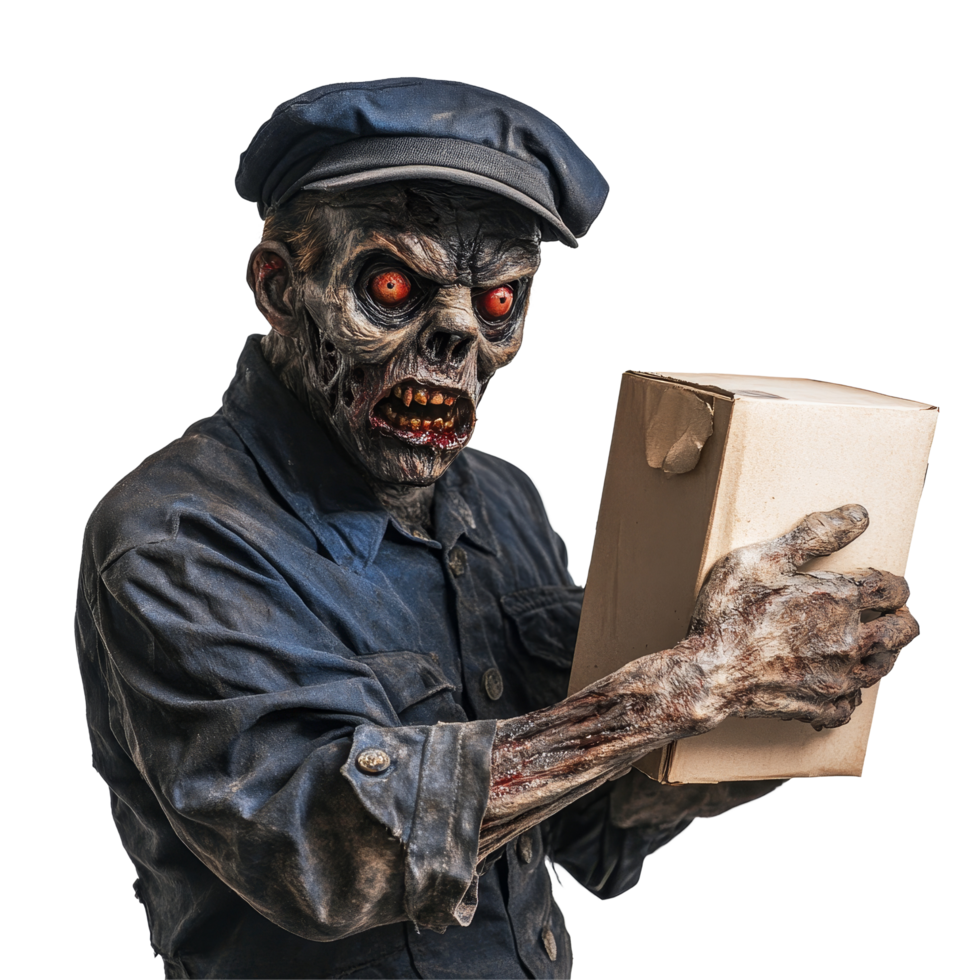 A terrifying zombie postman holding a package against a stark transparent background, Scary postman zombie on transparent background png