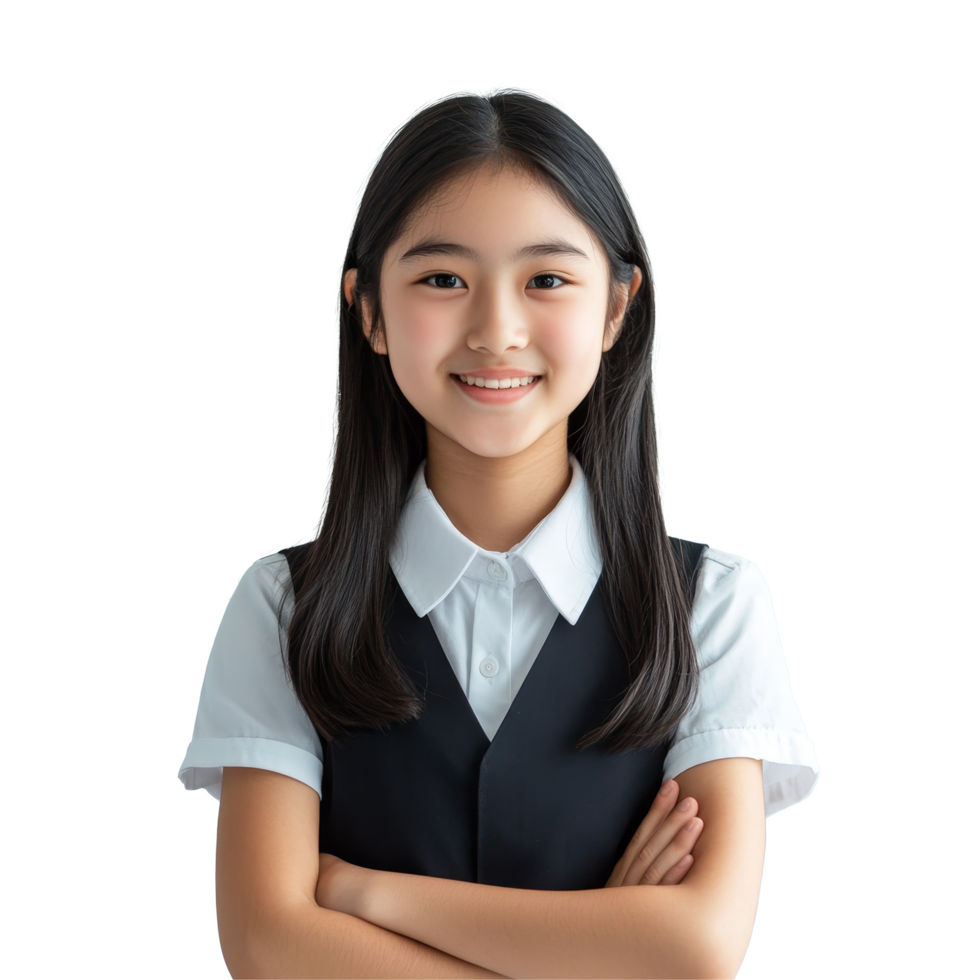 Cheerful Asian student girl with braces in school uniform poses confidently in a bright classroom setting, Happy braces Asian student girl in school uniform arm crossed png