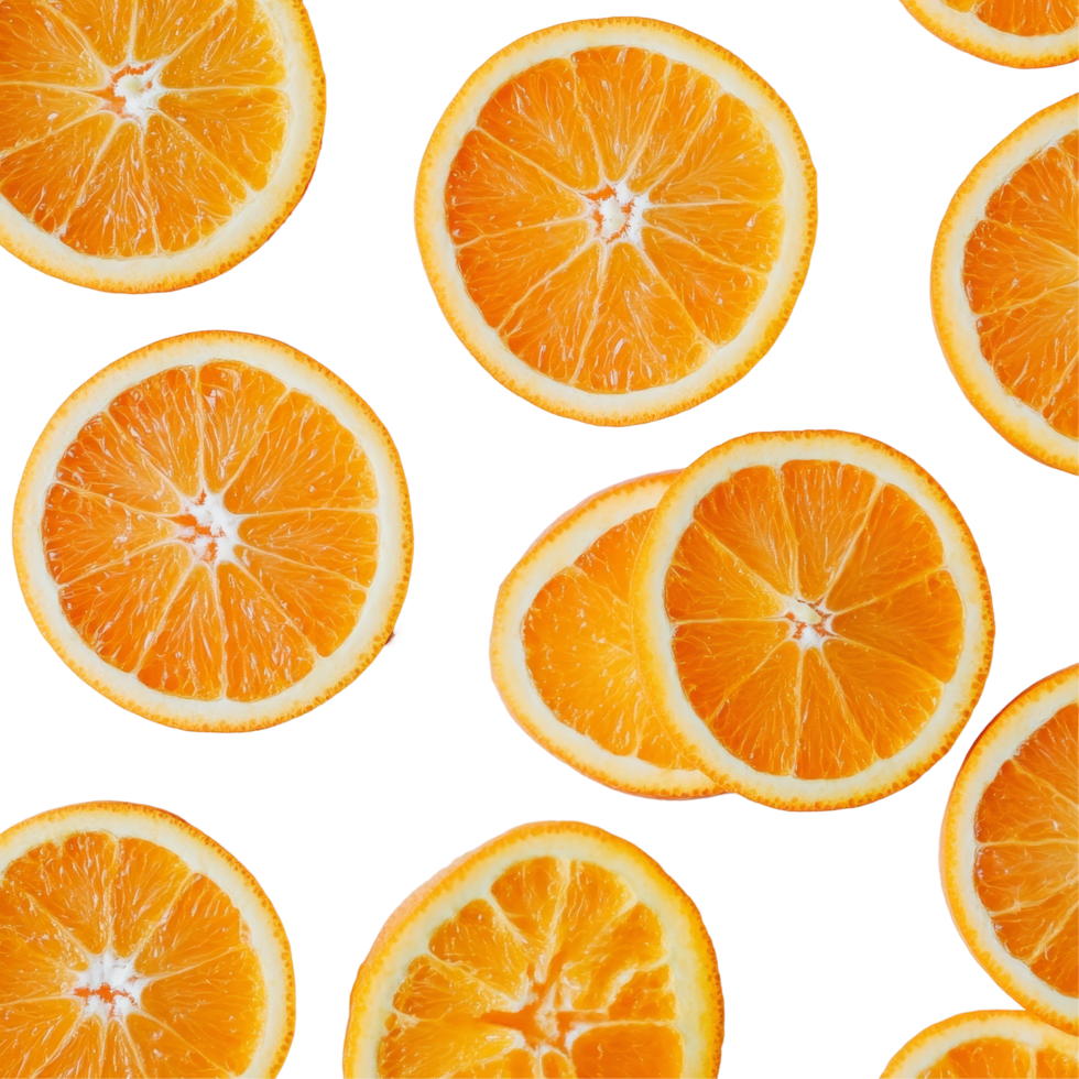 Freshly sliced orange segments arranged on a clean transparent background showcasing their vibrant color and texture, Slices of orange on transparent background png