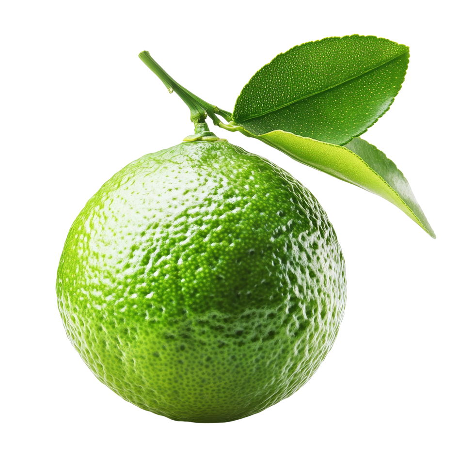 Fresh lime with green leaf isolated on a clean transparent background, perfect for culinary and beverage uses, lime with leaf isolated on transparent background png