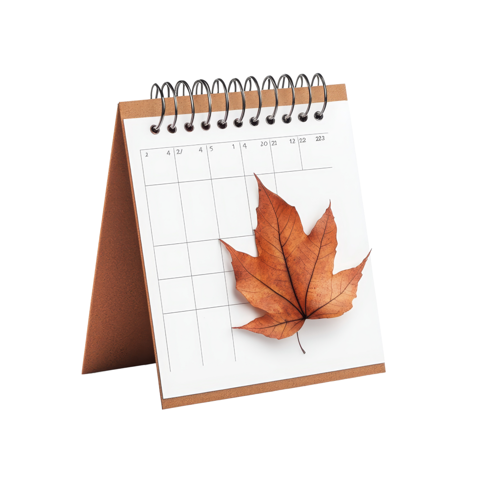 November calendar tabletop design with an autumn leaf on a transparent background, table calendar 2023 november isolated on transparent background png