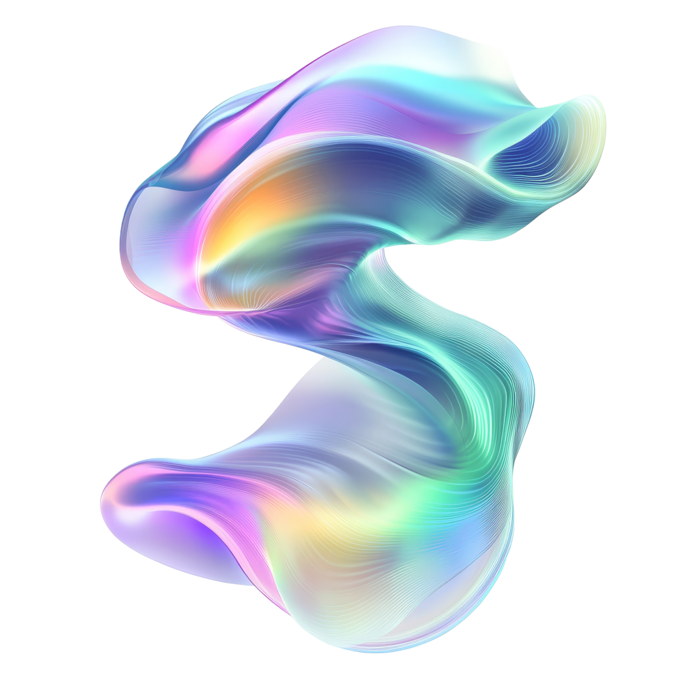 Iridescent multicolored waves flowing gracefully in a dynamic abstract design, multicolored flowing abstract iridescent wave shape isolated on transparent background png