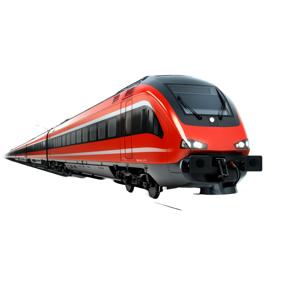 Modern train locomotive in motion across tracks on a bright transparent background, showcasing advanced design, Modern Train Locomotive in Motion on transparent background png
