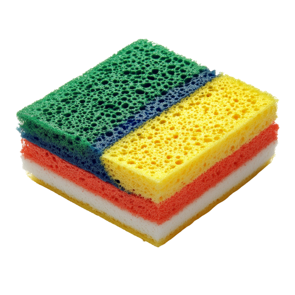 A colorful multilayered dishwashing sponge resting on a clean transparent surface ready for kitchen cleaning tasks, dishwashing sponge on transparent backgroundfile png