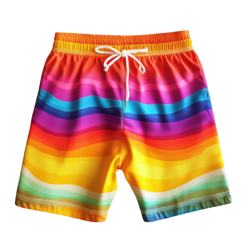 Colorful summer swim shorts featuring vibrant stripes ideal for beach outings and pool parties in warm weather, Colorful Swim Summer Shorts on transparent background png