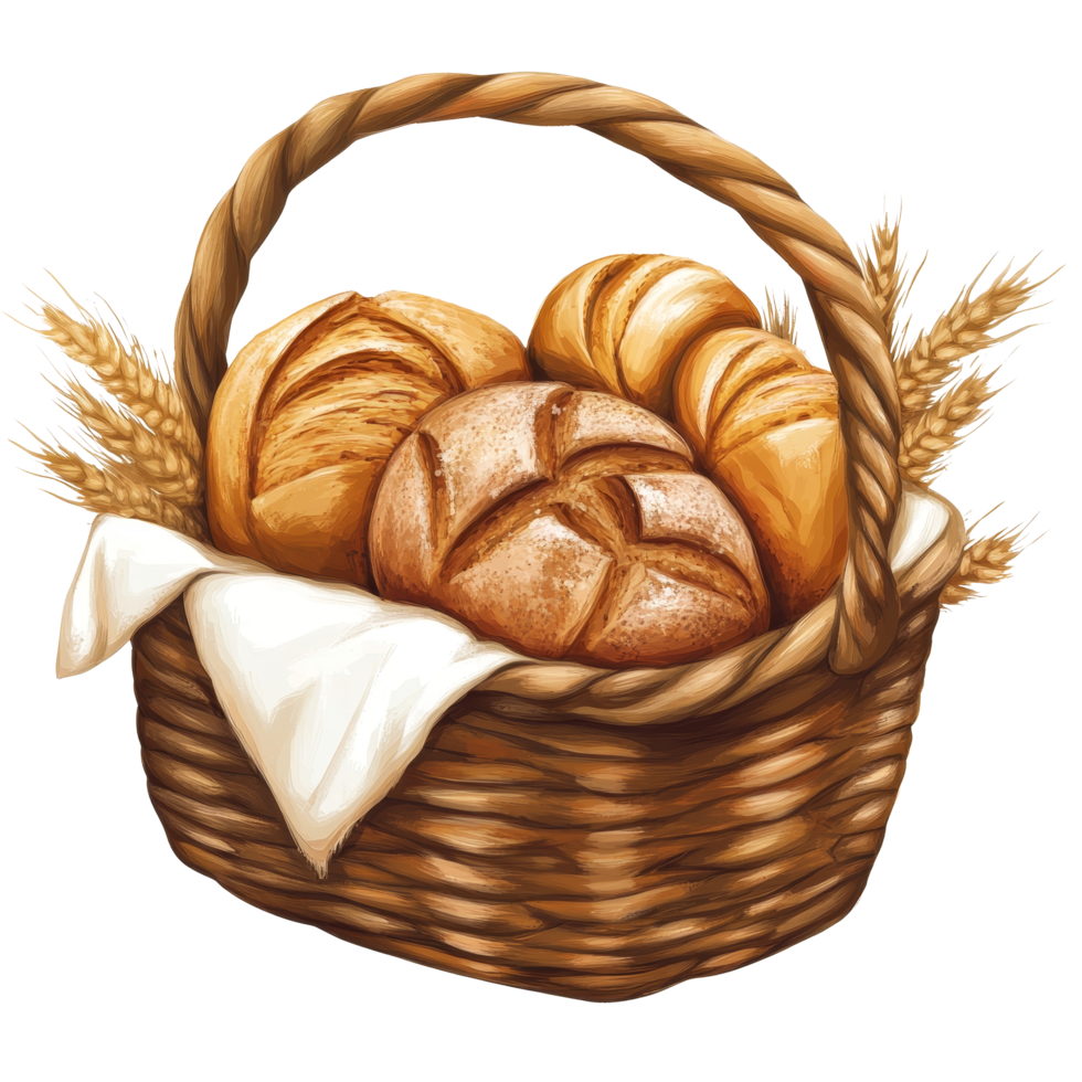 A beautiful basket filled with various types of bread on a transparent background, Basket of Delicious Bread transparent background png