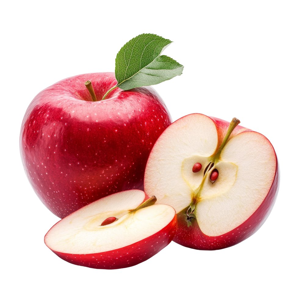 Fresh whole red apple with sliced pieces and green leaf showcasing vibrant colors and natural freshness, fresh whole, cut half and slice red apple isolated on transparent background png
