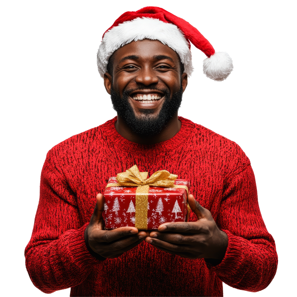 Cheerful African man in Christmas sweater holding a festive gift, celebrating the holiday season with joy, Happy African Man in Christmas Attire Holding a Gift on transparent backgroud png