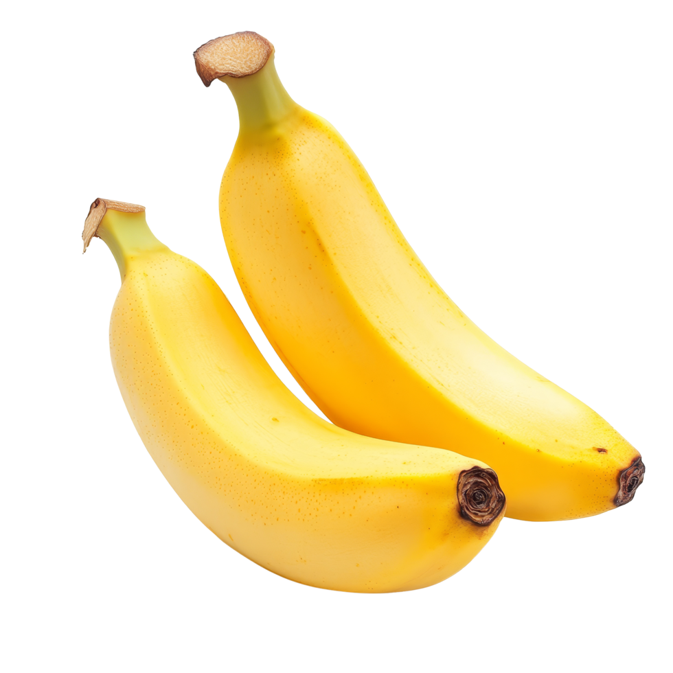 Two ripe yellow bananas isolated against a bright transparent background showcasing fresh fruit for healthy eating, Two bananas isolated on transparent background png