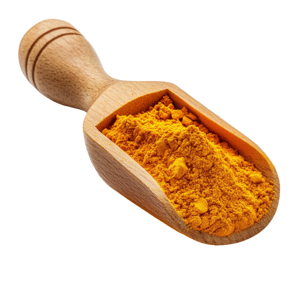 Turmeric powder in a wooden scoop on a transparent background for culinary and health uses, turmeric powder in wood scoop isolated on transparent background png