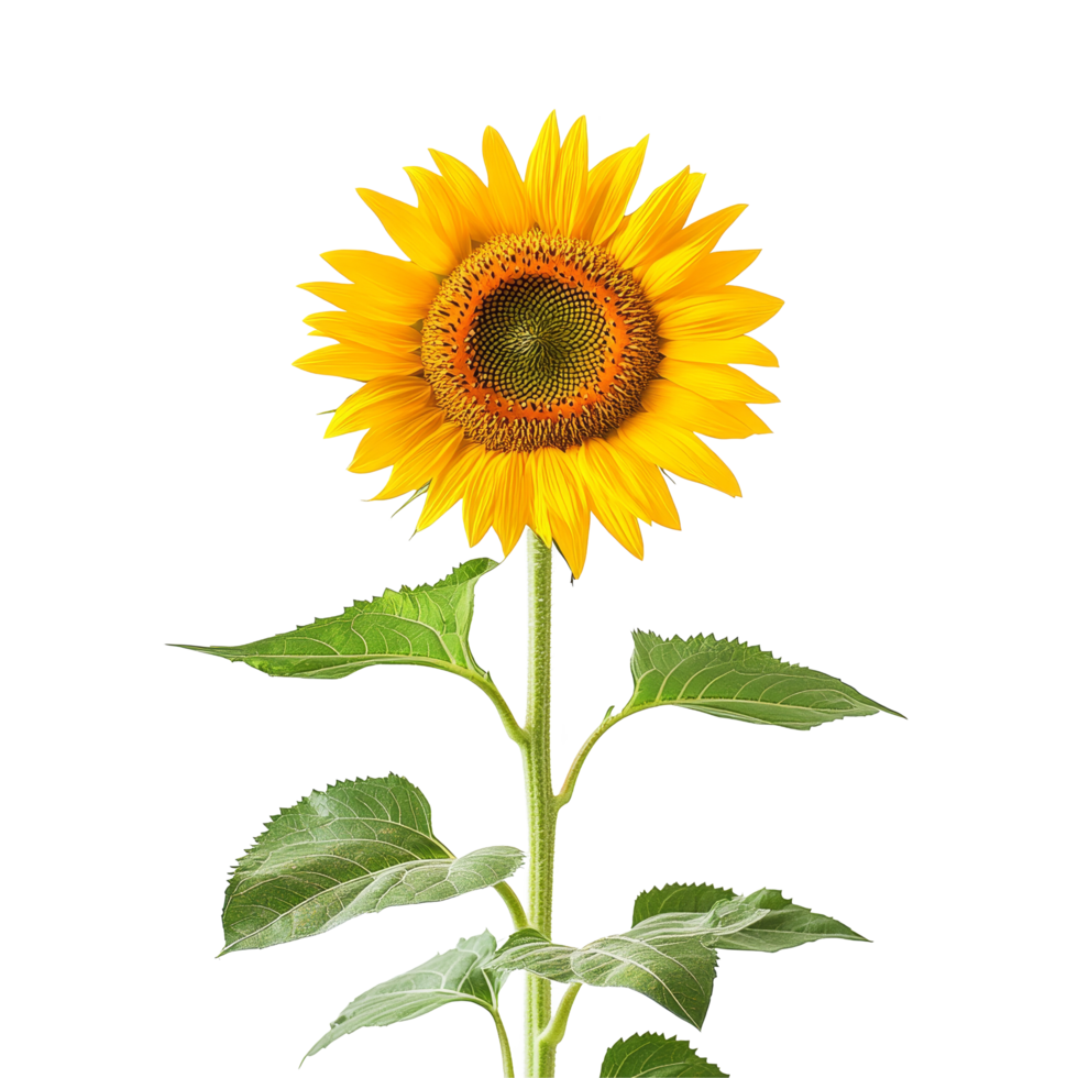 Bright sunflower with green leaves isolated on a transparent background showcasing natural beauty and vibrant colors, Sunflower, isolated, transparent backgroundGenerative IA png