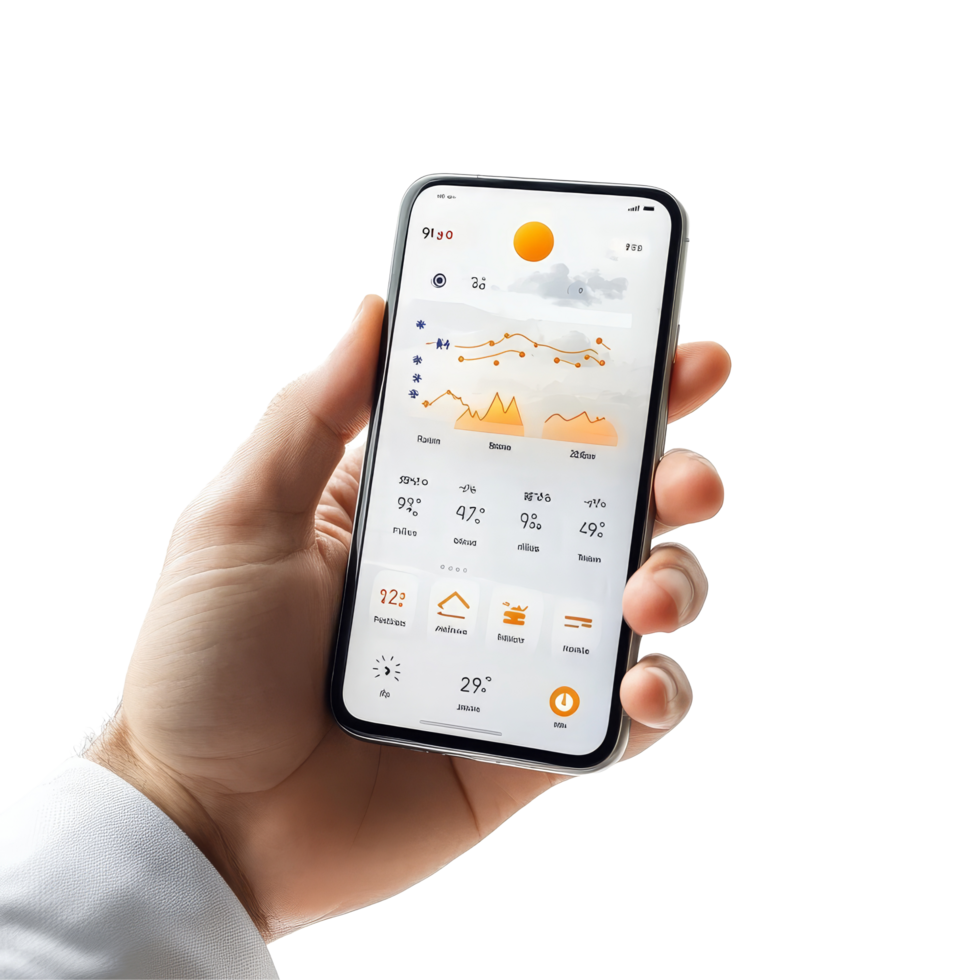 Forecasting weather in Lodz, Poland for May with detailed climate insights on mobile device, Lodz, Poland May 14 2025 Weather forecast application, mobile app in hand isolated on transparent png