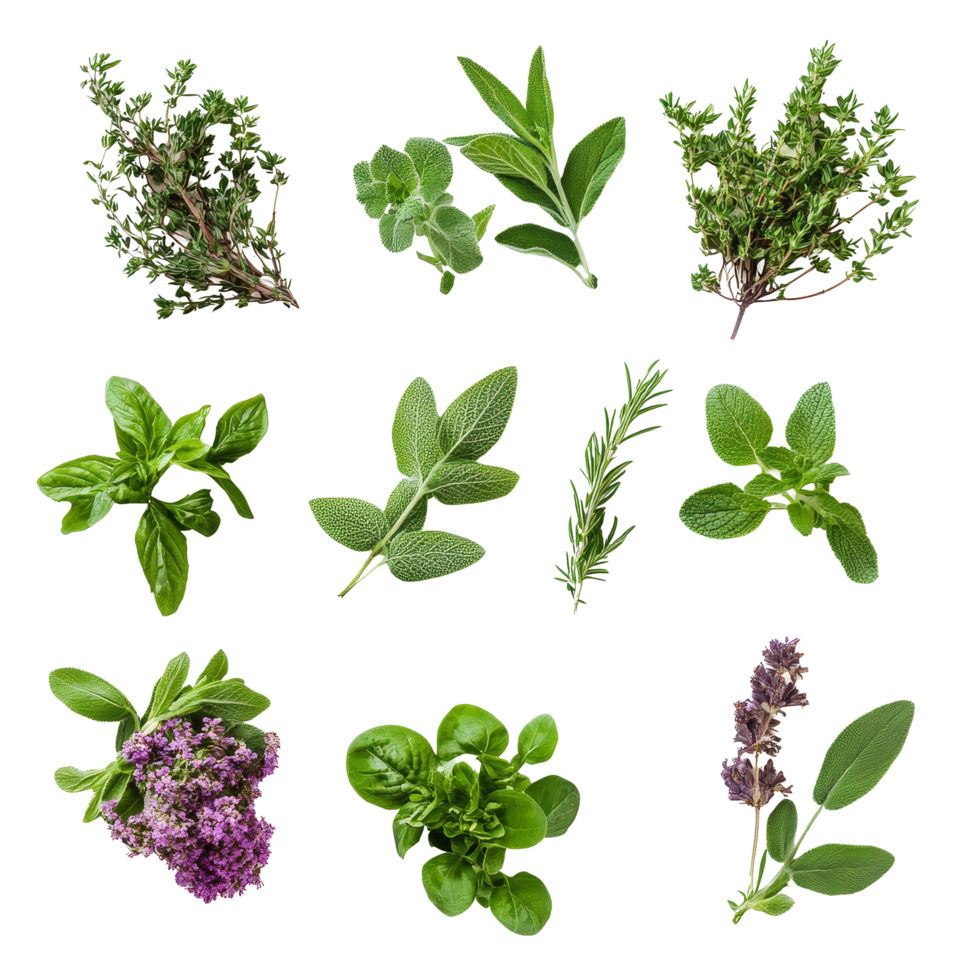 Colorful herbs arranged in a vibrant display on a transparent surface highlighting their fresh appearance and variety, Various colorful of herbs floating on the air isolated on transparent backgroud png