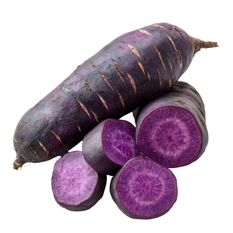 Freshly sliced purple yams displayed on a clean transparent background, showcasing vibrant colors and rich texture, Slice purple yams on transparent background png