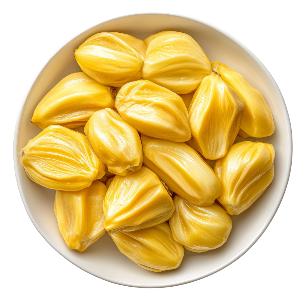 Freshly cut jackfruit segments presented in a transparent plate against a clean transparent background, Jackfruit in transparent plate isolated on transparent background png