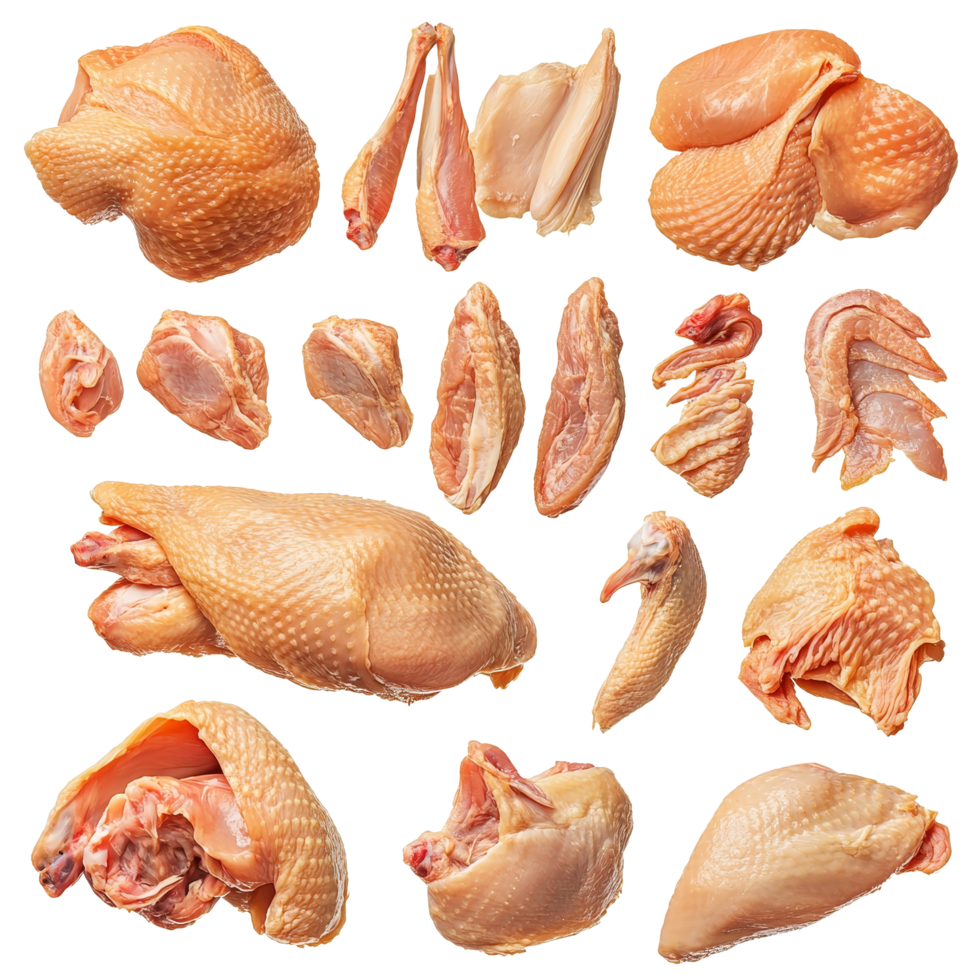 A collage of isolated raw chicken parts displayed on a transparent background for culinary use and food preparation, Isolated whole raw chicken parts collage png