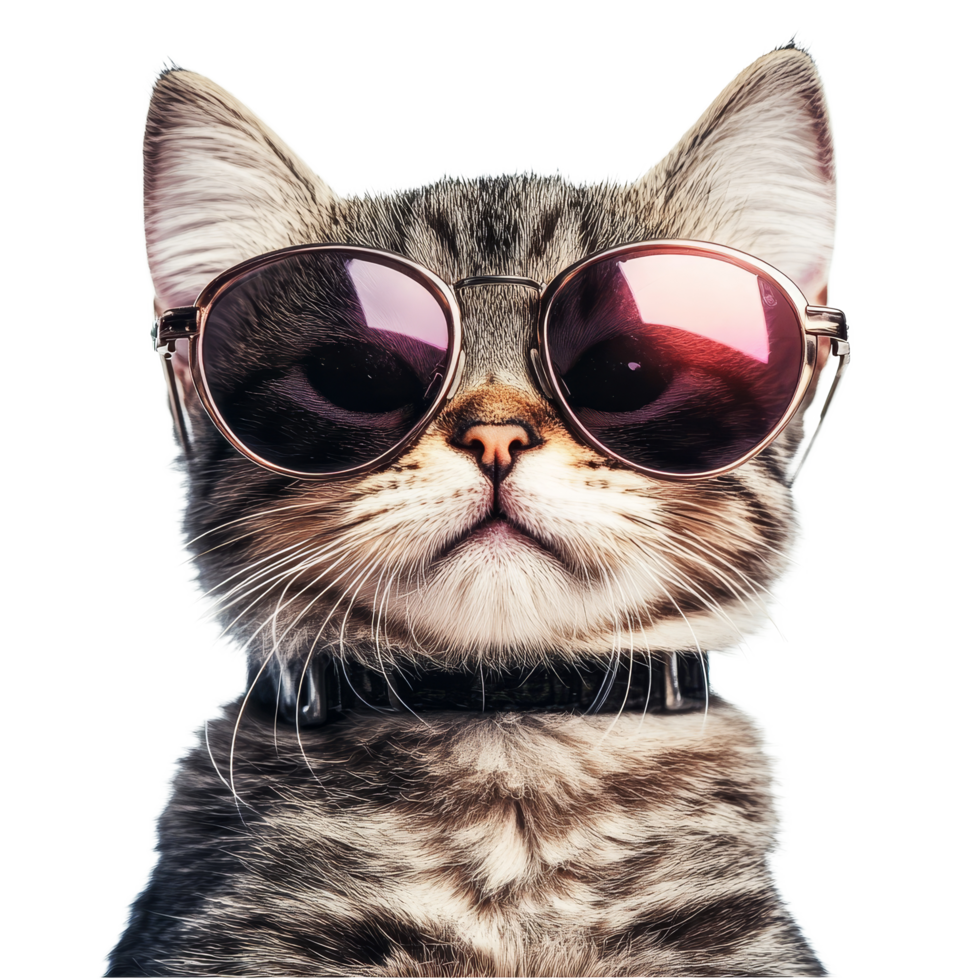 A cool cat with sunglasses poses confidently against a transparent background, showcasing its playful personality, Funny cool cat wearing sunglasses transparent background png