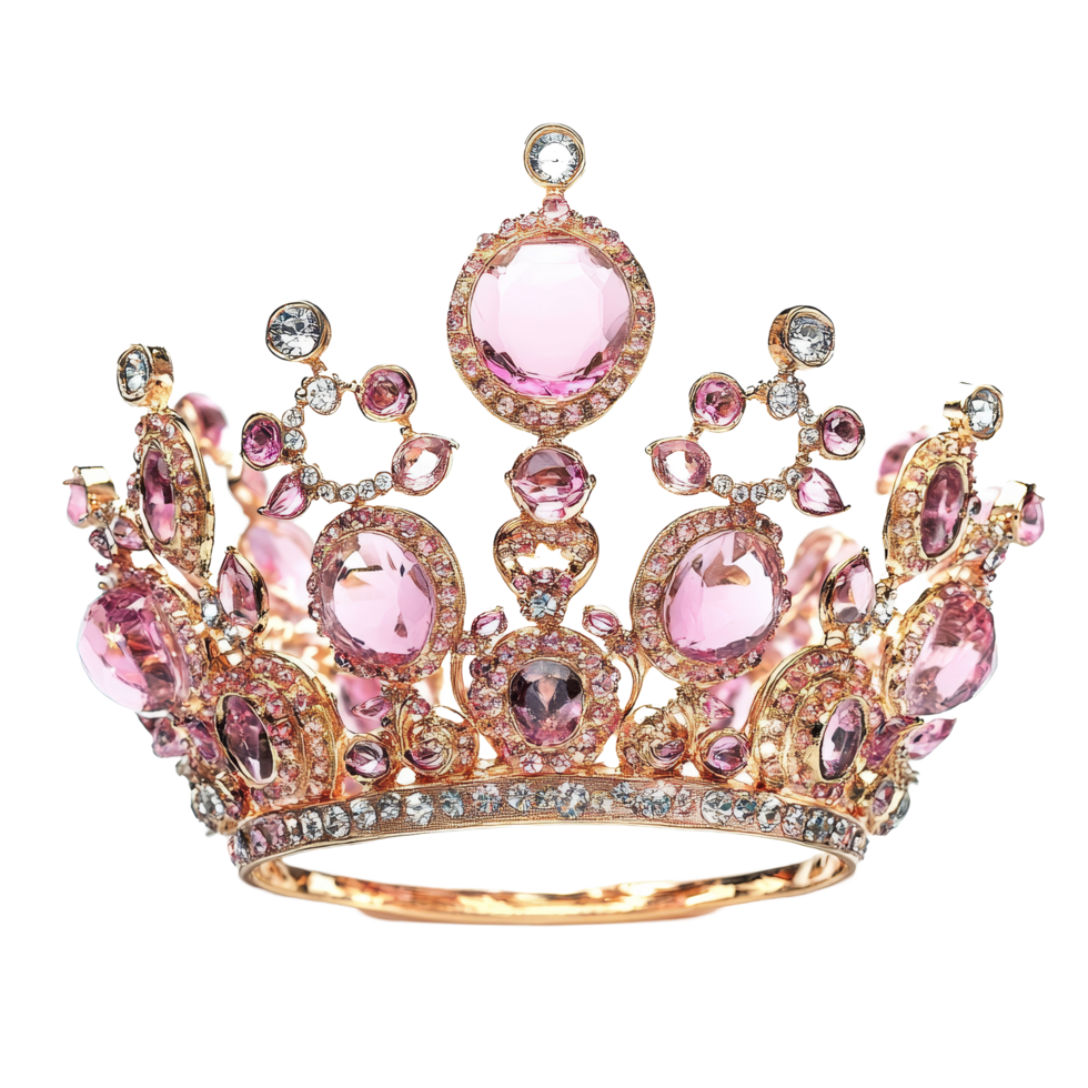 An enchanting pink crown adorned with sparkling jewels set against a bright transparent background, perfect for royal events, Enchanting Pink Crown on transparent background Royalty in Motion png