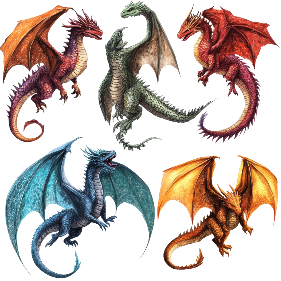 Colorful fantasy dragons rendered in detail, showcasing various species on a transparent background, Fantasy Dragons Isolated on transparent background png