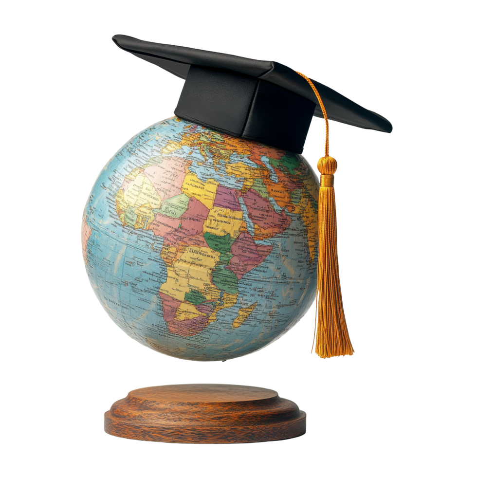 A colorful globe adorned with a graduation cap and tassel on a plain transparent background signifying academic achievement, Graduated Globe with Mortarboard on transparent background Global Education png