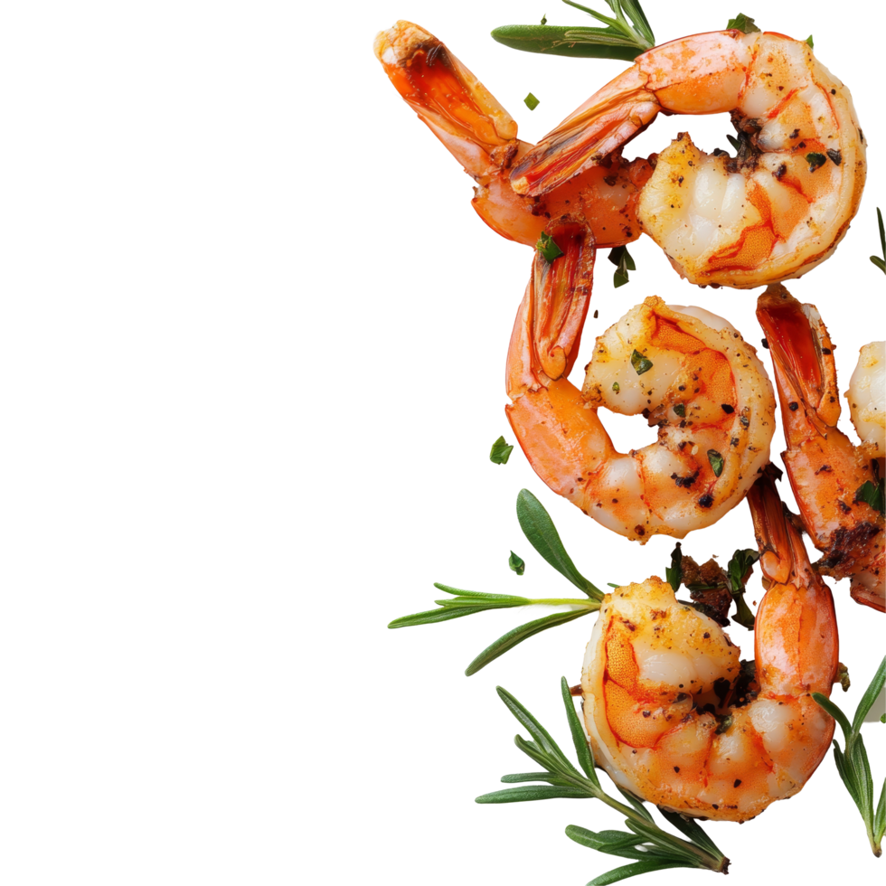 Cooked shrimps garnished with herbs resting on a clean transparent background, showcasing their succulent texture and vibrant color, Cooked shrimps on transparent background png