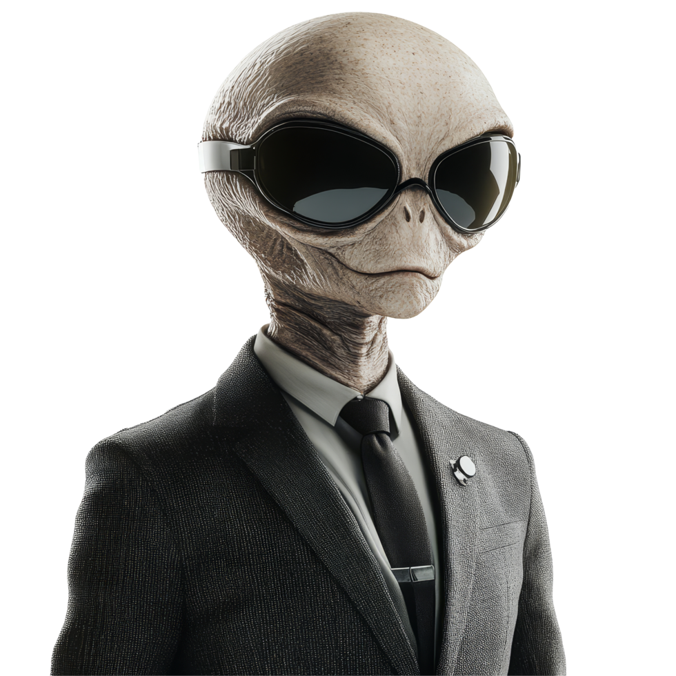 Mysterious alien in a suit and sunglasses stands confidently against a transparent background, Alien wearing suit and sunglasses, isolated transparent background png